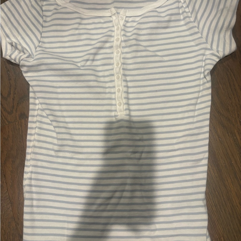 Brandy Melville White & Light Blue Striped Short Sleeve Henley